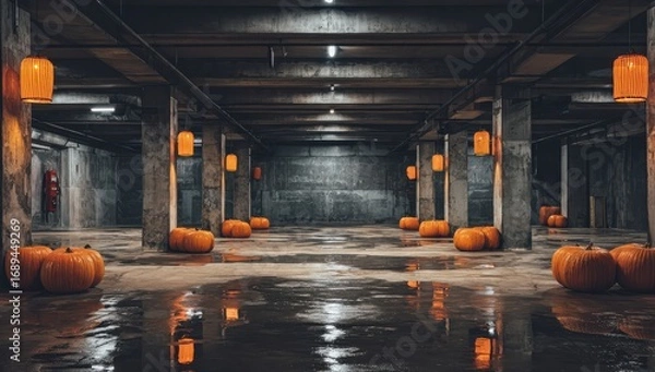 Fototapeta Pumpkins and lanterns in a dark parking garage for a halloween themed event or decoration idea
