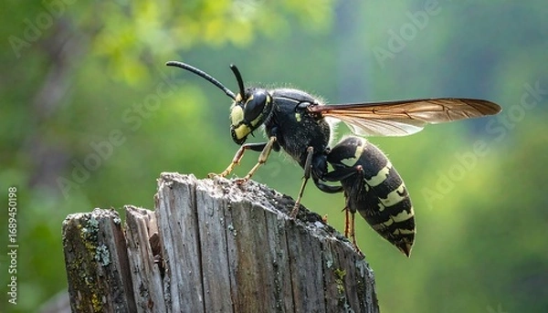 Obraz Wasp perched on tree stump