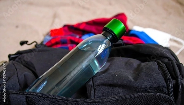 Obraz Water bottle in a backpack on sand