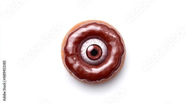 Fototapeta A donut with chocolate frosting and a creepy eyeball in the center on a white background surface view