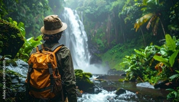 Fototapeta Create a lush tropical adventure scene featuring a waterfall, dense foliage, and a lone explorer immersed in nature’s grandeur.