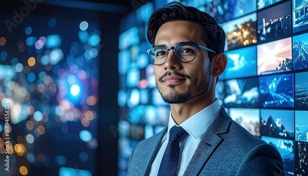 Fototapeta Create a sleek, high-tech media control room scene that blends professionalism, digital intelligence, and futuristic visual complexity.