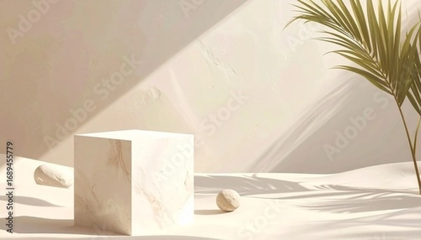 Fototapeta Create a minimalist scene that blends geometric elegance with natural textures and soft light in a serene desert-inspired setting.