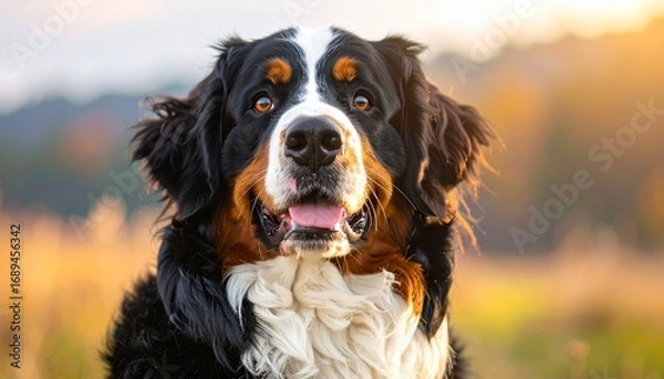 Fototapeta Create a warm outdoor portrait of a Bernese Mountain Dog that highlights its expressive face, tri-colored fur, and the golden glow of autumn light.