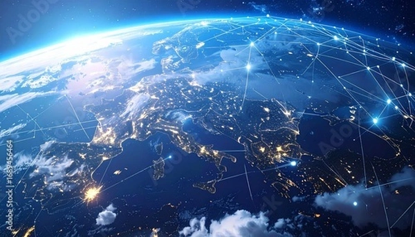 Fototapeta Create a futuristic Earth-from-space visualization that highlights global connectivity, digital networks, and technological advancement.