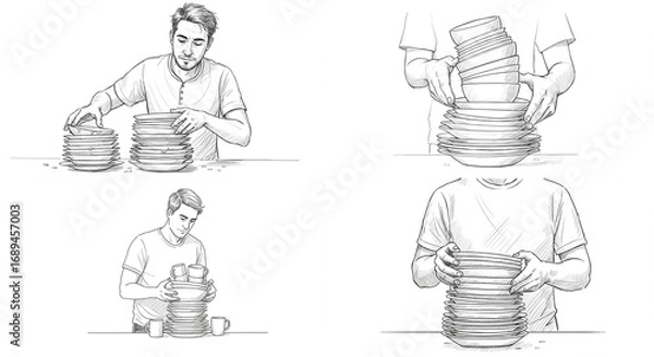 Fototapeta man stacking dishes after dinner isolated on white sketch style