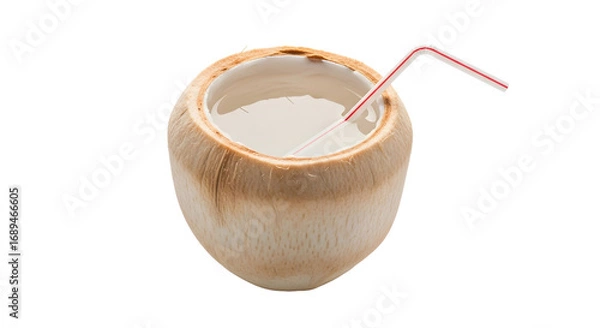 Obraz Fresh coconut water with a straw, isolated on transparent background