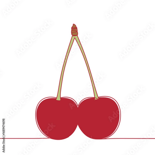 Obraz Two Red Cherries with Stems on White Background