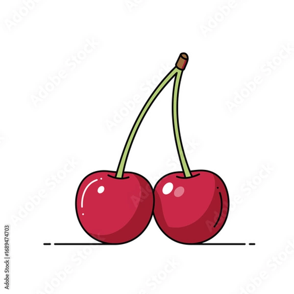 Obraz Two Red Cherries with Green Stems on White Background