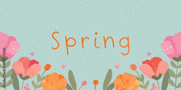 Fototapeta Whimsical spring floral border with the word spring written in orange