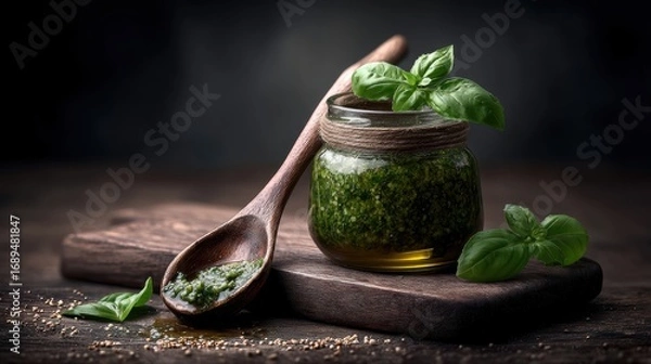 Obraz Fresh basil pesto in jar with whole leaves and rustic spoon