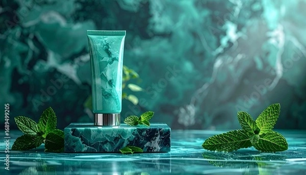 Obraz Mint-themed cosmetic tube on marbled pedestal with swirling green background and fresh mint leaves.