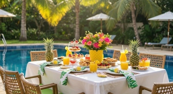 Fototapeta Outdoor dining poolside setting