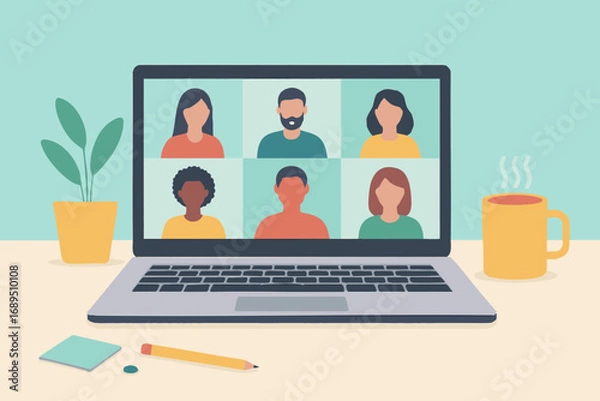 Fototapeta people connecting together, learning or meeting online with teleconference, video conference remote working on laptop computer, work from home and anywhere, new normal concept, vector illustration