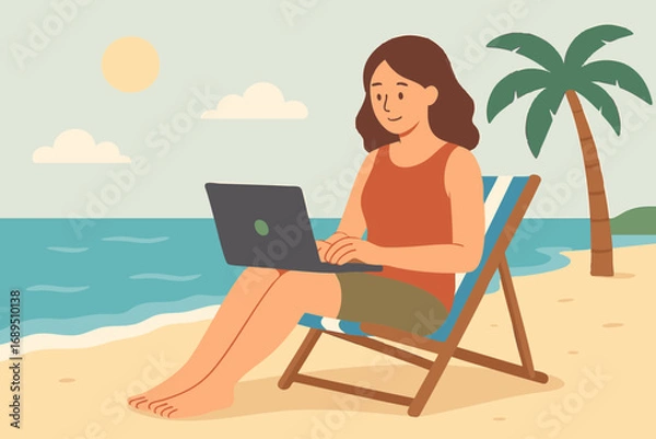 Fototapeta woman on the beach, woman on the beach with laptop, woman sitting on beach side and working on laptop