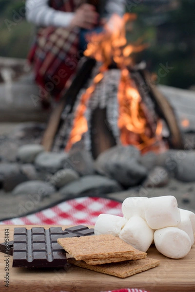 Fototapeta Smores Ingredients at a Beach Bonfire with Chocolate, Marshmellow, and Graham Crackers with Room for Copy