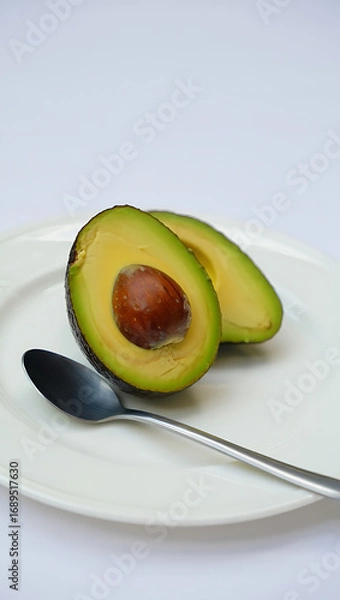 Fototapeta Fresh avocado cut in half with a spoon on a white plate, isolated on white background