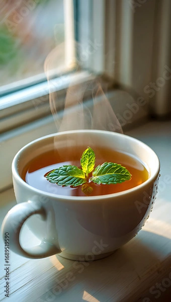 Fototapeta Steaming cup of herbal tea with fresh mint leaves on a windowsill, bathed in warm sunlight, creating a cozy and refreshing atmosphere