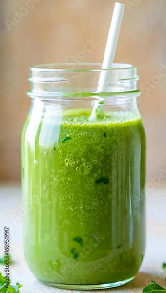Fototapeta A vibrant green smoothie in a glass jar with a straw, showcasing a healthy and refreshing beverage perfect for a nutritious lifestyle
