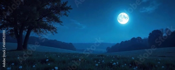 Fototapeta Serene Full Moon Night Landscape Tranquil Night Sky with Soft Moonlight Glow, Ideal for Calendars, Websites, and Peaceful Projects