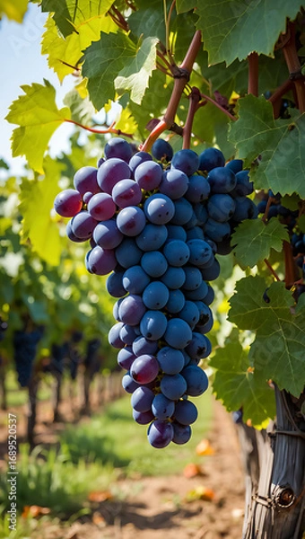 Fototapeta A ripe bunch of deep purple grapes hanging from a vine in a vineyard, with rows of grapevines stretching into the background under a clear blue sky