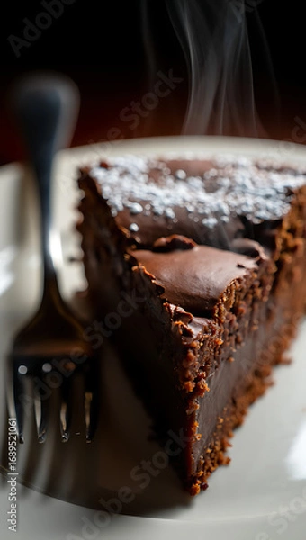 Fototapeta A decadent slice of rich chocolate cake, dusted with powdered sugar and emitting a gentle steam, served on a white plate with a fork