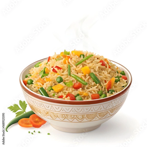 Obraz Colorful vegetable fried rice served in a bowl, stir-fried with fresh veggies and spices,