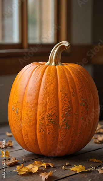 Fototapeta A vibrant orange pumpkin sits on a rustic wooden surface, surrounded by fallen autumn leaves, with a blurred window in the background