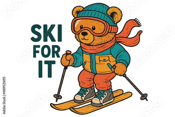 Obraz Cute bear skis down snowy slopes wearing bright winter gear and enjoying the winter adventure in a mountain setting