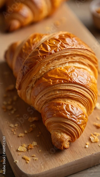 Fototapeta Golden brown flaky croissant on a wooden board, showcasing its delicate layers and buttery texture, a perfect french pastry for breakfast or a snack