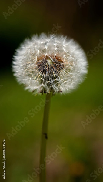 Fototapeta Closeup of a delicate dandelion seed head, also known as a blowball, with its fluffy white seeds ready to disperse in the wind, a symbol of wishes and nature