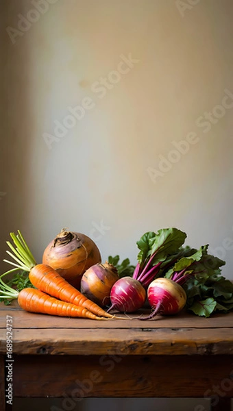 Fototapeta Still life of fresh root vegetables, including carrots and beets, on a wooden table, healthy eating