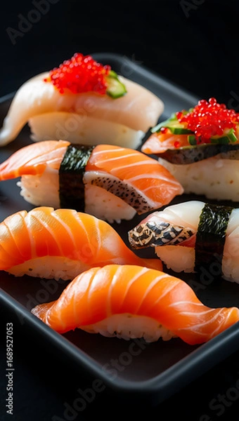 Fototapeta Artfully arranged platter of assorted sushi nigiri, featuring fresh salmon, white fish, and roe, presented on a dark plate for a sophisticated dining experience