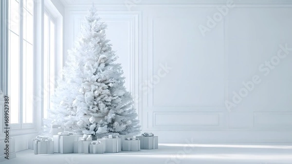 Fototapeta Elegant minimalist white Christmas tree with a subtle present on a pristine interior background crafted as a web banner with generous text space and enhanced by cutting-edge generative ai design.