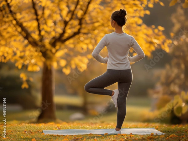 Fototapeta Asian woman practicing yoga in a serene outdoor setting surrounded by vibrant autumn foliage, demonstrating balance and tranquility in a peaceful environment