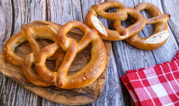 Obraz Homemade Soft Bavarian Pretzels on a wooden board