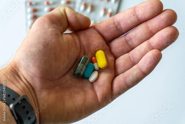 Fototapeta person holds colorful tablets and capsules in hand: spirulina, turmeric, magnesium, and vitamins, commonly used as dietary supplements supporting overall health