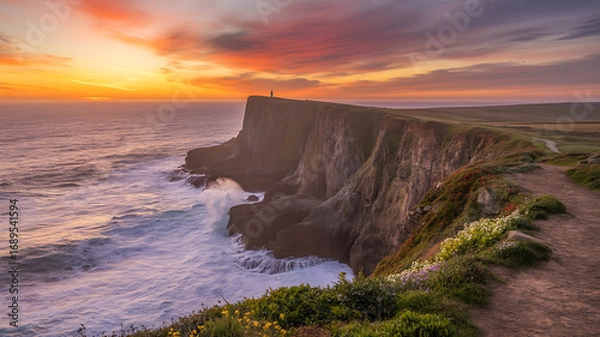 Fototapeta Dramatic sunset over rugged coastal cliffs with crashing waves and a lone figure ocean