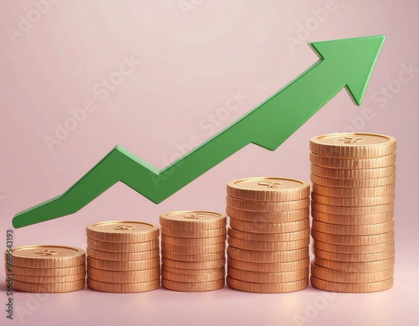 Fototapeta _3d minimal financial growth concept. Higher foreign exchange rates. coins with a gree  