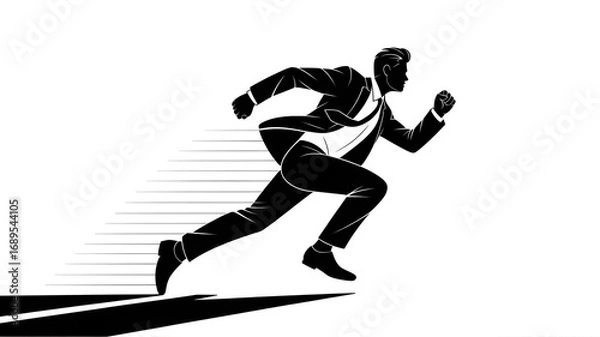 Fototapeta Silhouette of a businessman running fast isolated on white background, determined look