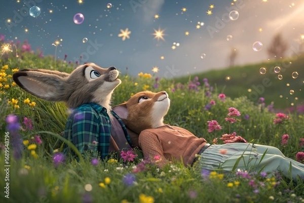Fototapeta AI-generated image Magical illustration of a fox and rabbit couple relaxing in a field of wildflowers, gazing at a sky full of glowing stars. A dreamy and romantic scene.
