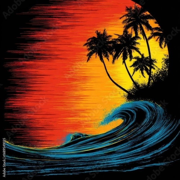 Fototapeta A vibrant sunset over a tropical beach, featuring a large crashing wave, adds a dynamic and energetic feel to the scene.