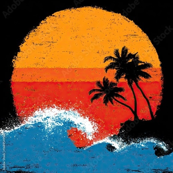 Fototapeta Vibrant sunset over ocean waves, featuring tropical palm trees and a retro, distressed aesthetic.