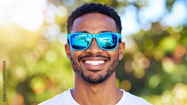 Fototapeta  A vibrant portrait of a smiling Black man wearing bright blue sunglasses, reflecting a sunny outdoor scene, with a blurred green and yellow bokeh background.