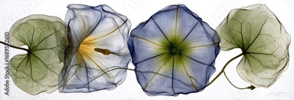 Fototapeta A detailed, translucent x-ray-like portrayal of morning glory blossoms and leaves, showcasing intricate vein patterns in muted shades of blue, gray, and green.