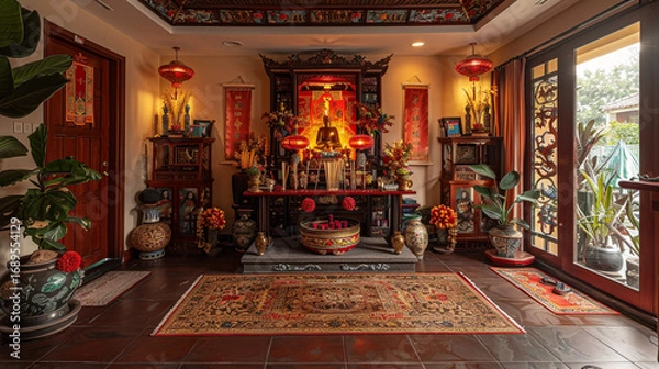 Obraz Vietnamese-American home altar corner with incense, ancestor photos, red and gold decorations, spiritual focus in an otherwise modern room.