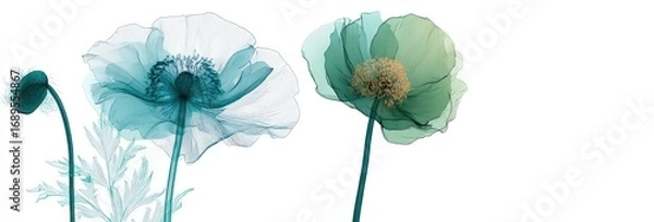 Fototapeta Three delicate, translucent flowers in teal, mint, and light teal shades, with intricate detail and soft light, are set against a bright white background.