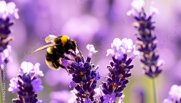 Fototapeta A bee pollinates a lavender flower