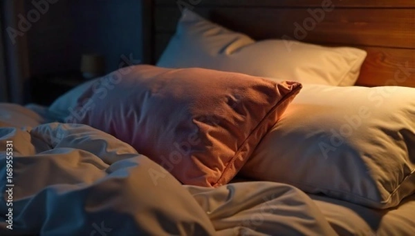 Fototapeta Close-up of two pillows nestled together on a bed, suggesting intimacy and whispered conversations after dark  Soft lighting enhances the cozy atmosphere ,  serene,  fluffy