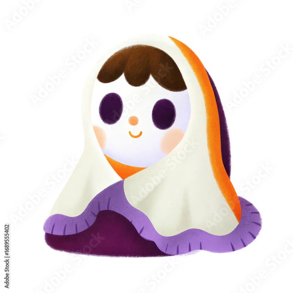 Fototapeta Adorable baby halloween ghost wrapped in a blanket isolated transparent background.